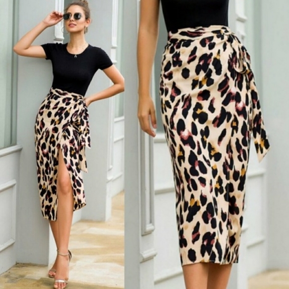 Private Label Dresses & Skirts - Leopard print tie front midi skirt.